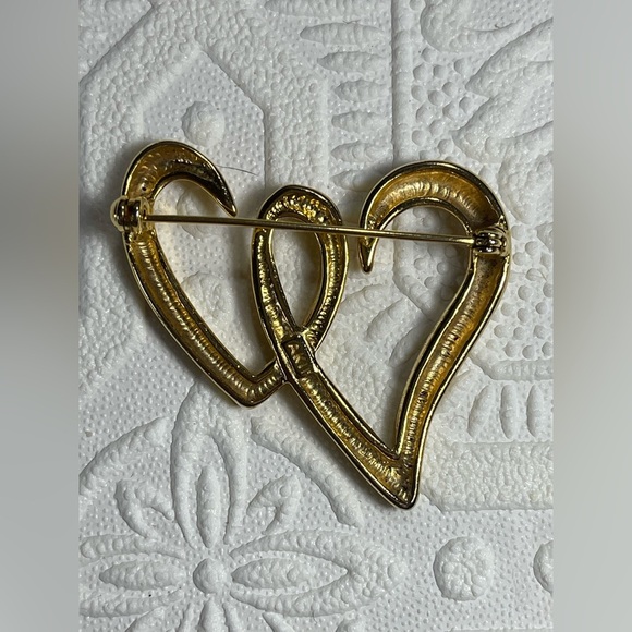 Vintage Anne Klein II Gold Plated Double Heart with Crystal Brooch - Picture 6 of 8